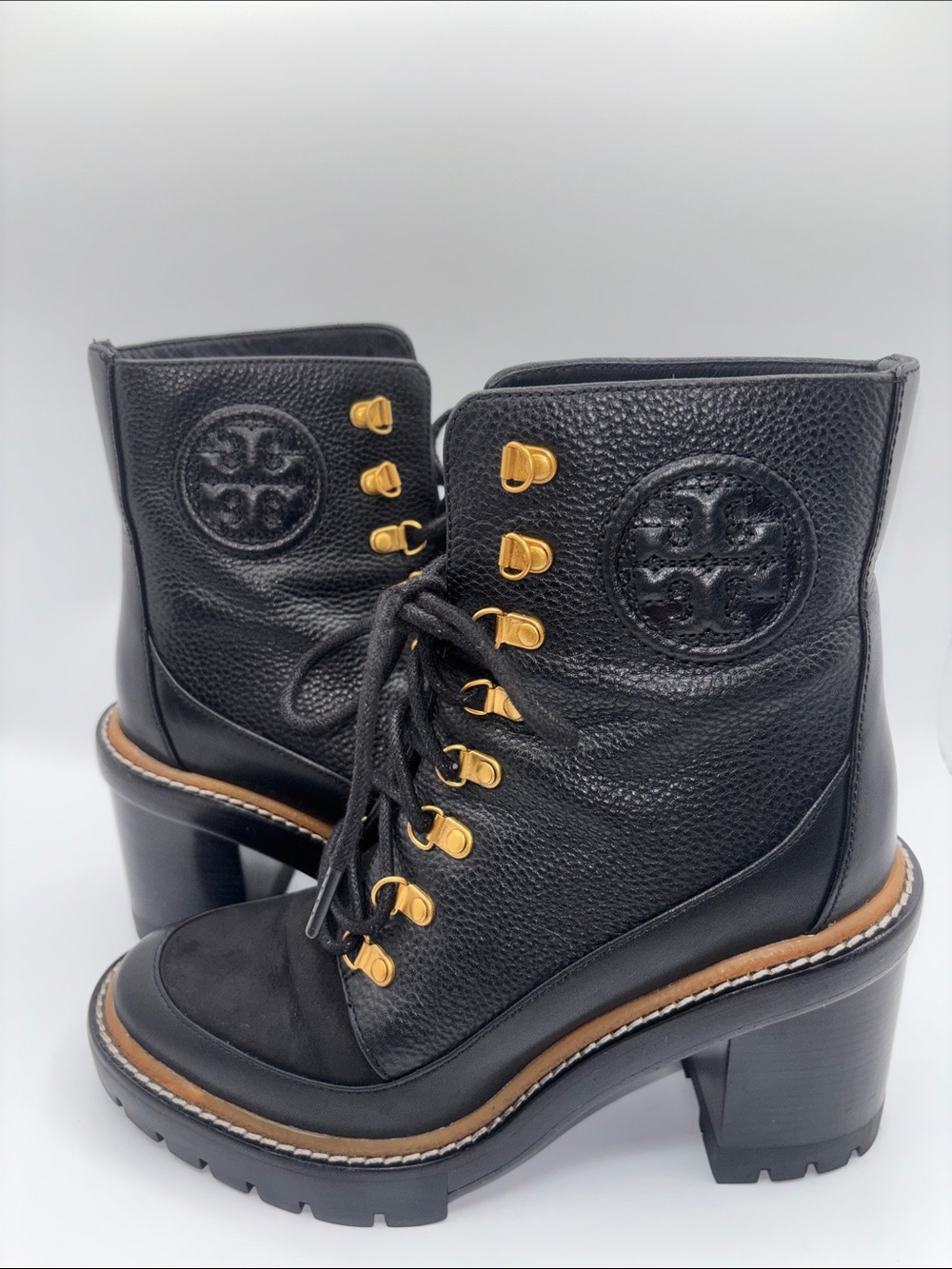 Tory Burch Black Leather Lug Heel Ankle Boots